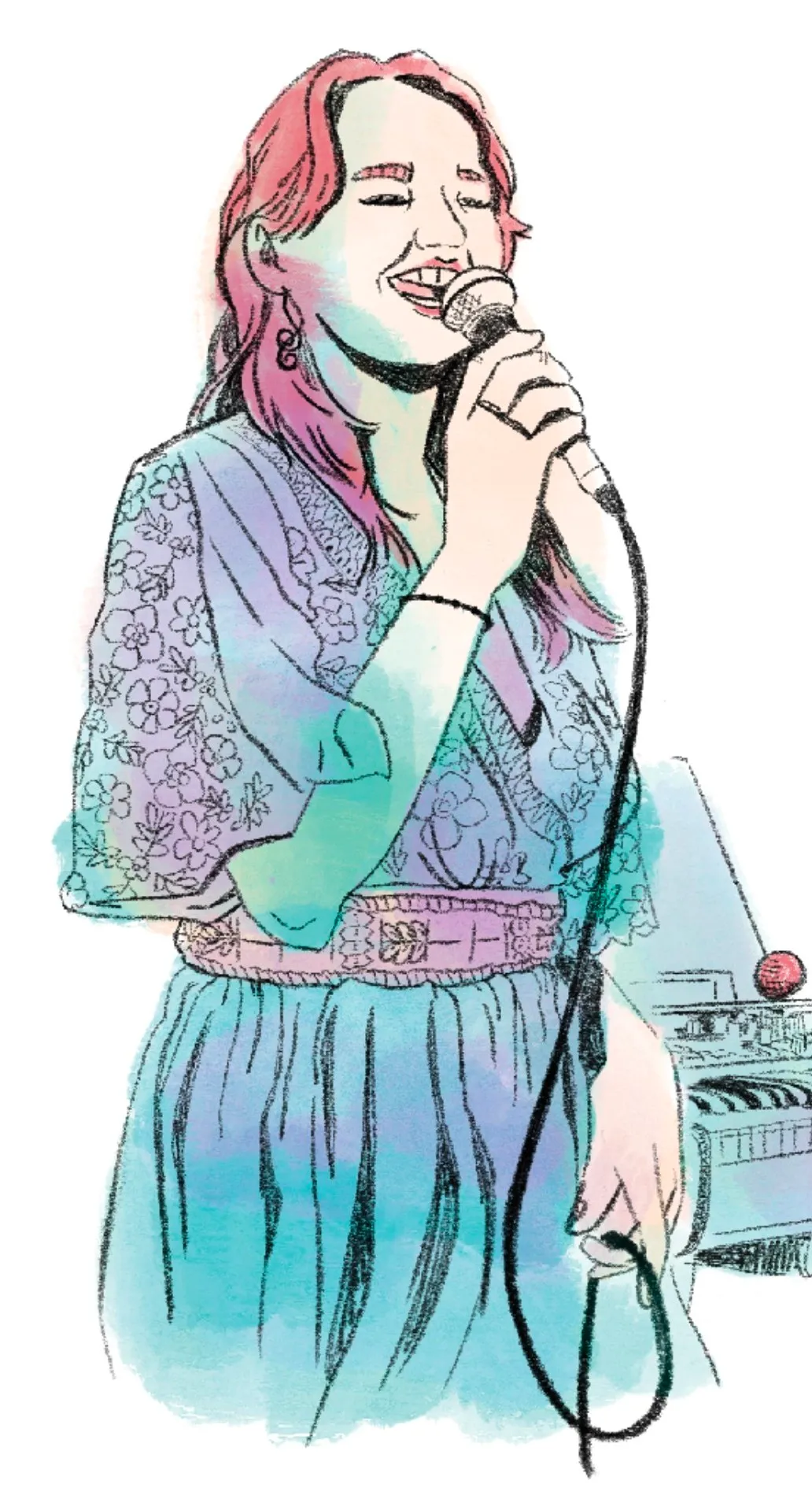 Illustration aquarelle de Diane Burlot Henry chantant au micro, robe à motifs floraux turquoise et rose poudré, par Chloé Bacon.