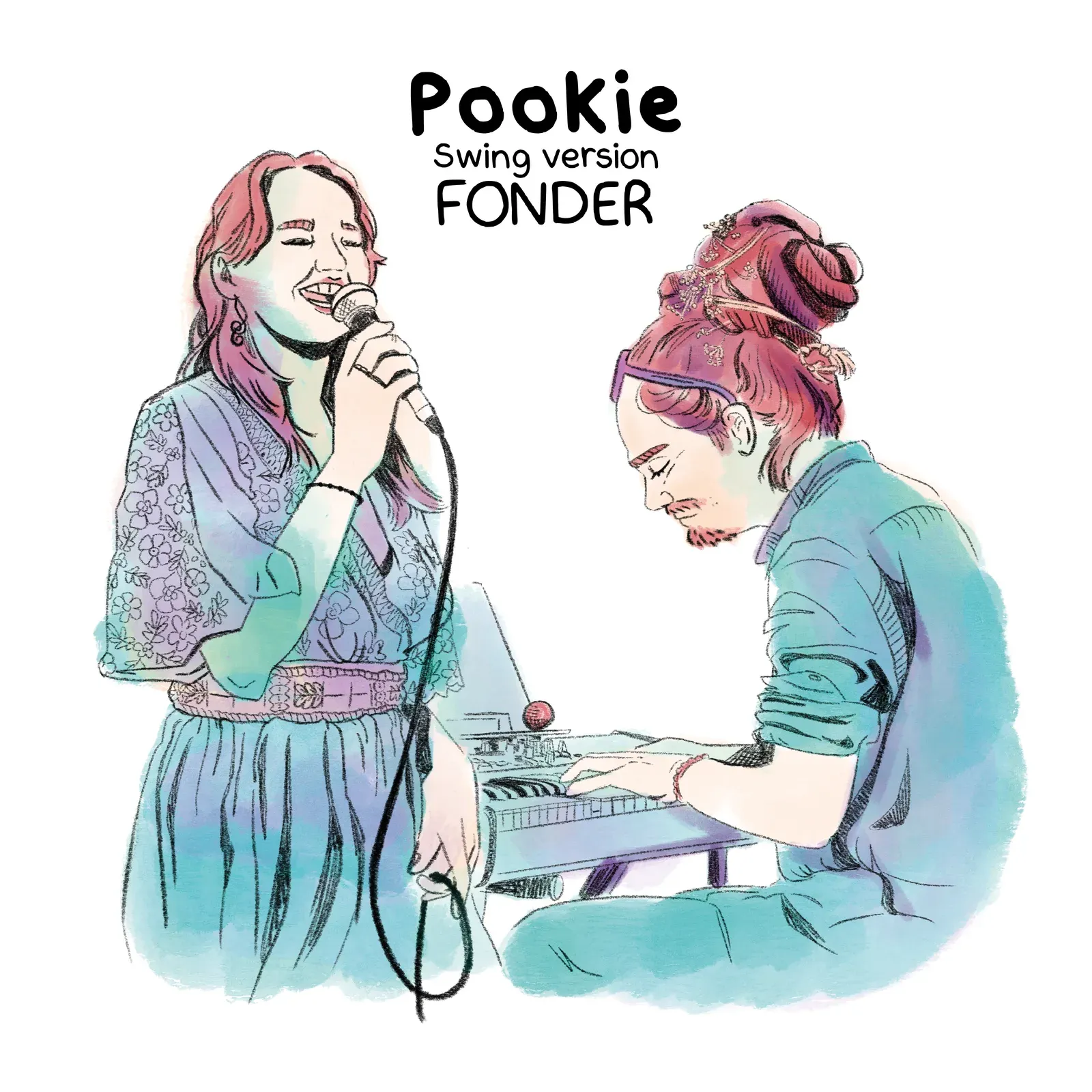 Watercolour illustration, Diane sings into a microphone beside a pianist, cover of the single Pookie, swing version.